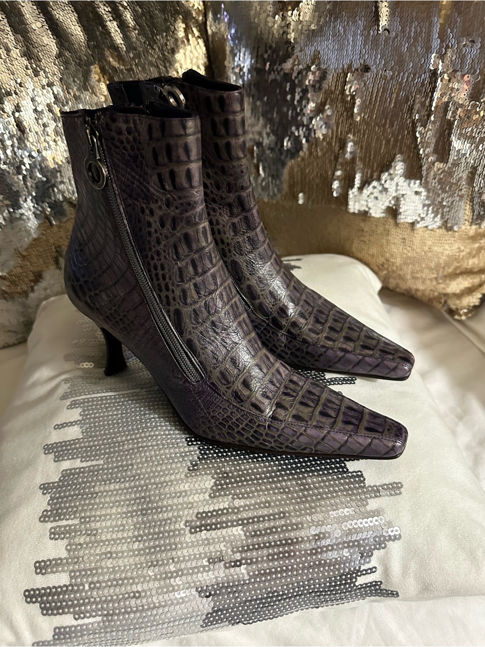 Donald J. Pliner Purple Croc-Embossed Pointed Toe Ankle Boots